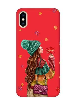 Матовый чехол с красными боками на iphone xs max :: девушка с листьями (принт 221)