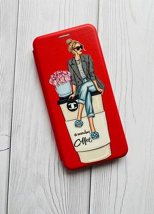 Чехол-книжка с рисунком для xiaomi redmi note 7 / note 7 pro красный :: девушка на кофе (принт 228) 2