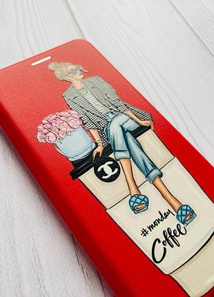 Чехол-книжка с рисунком для xiaomi redmi note 7 / note 7 pro красный :: девушка на кофе (принт 228) 4