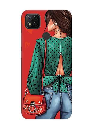 Матовий чохол з червоними боками на xiaomi redmi 9c/10a дівчина в зеленому (принт 224)