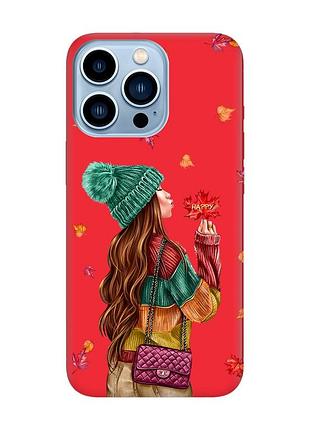 Матовый чехол с красными боками на apple iphone 13 pro max :: девушка с листьями (принт 221)