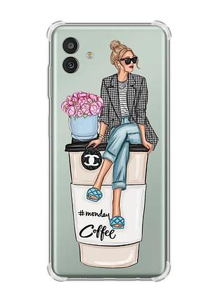 Чехол с утолщёнными углами на samsung galaxy m13 5g :: девушка на кофе (принт 228)