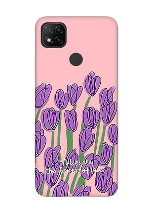 Матовый чехол с розовыми боками на xiaomi redmi 9c/10a тюльпаны (принт 265)