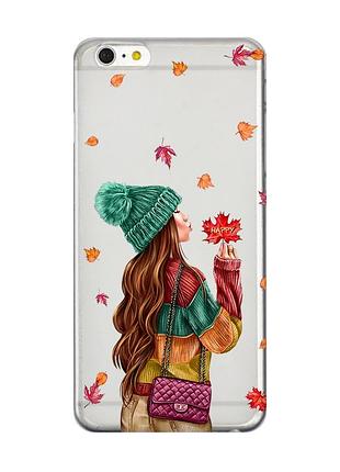 Прозрачный чехол на iphone 6+/6 plus :: девушка с листьями (принт 221)