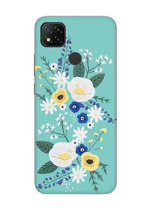 Матовий чохол з бірюзовими боками на xiaomi redmi 9c/10a :: квіти. акварель (принт 271)