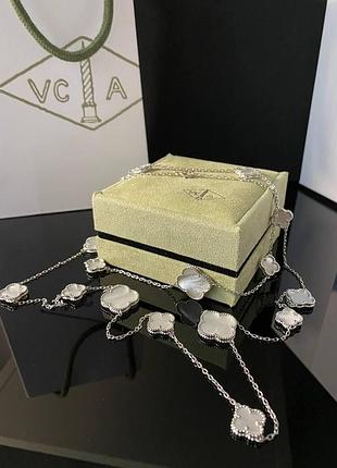 Клевер подвеска длинная на 16 элементов, белый перламутр, покрытие белое золото