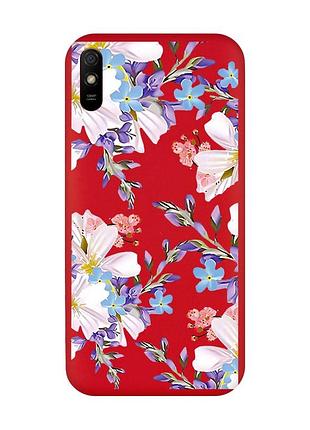 Матовый чехол с красными боками на xiaomi redmi 9a :: цветочный рисунок (принт 272)