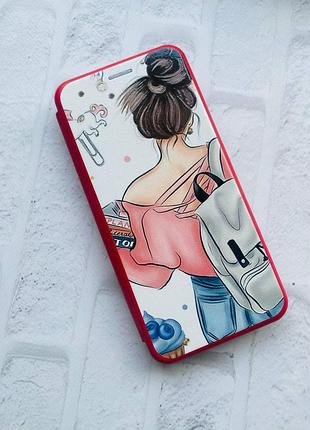 Чехол-книжка с рисунком на xiaomi redmi note 7 / note 7 pro красный девушка с рюкзаком (принт 30) 3