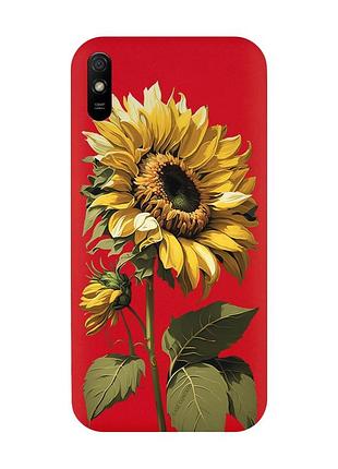 Матовый чехол с красными боками на xiaomi redmi 9a :: подсолнечник (принт 274)