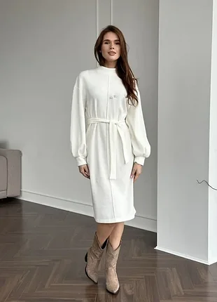 Теплое в"ированное платье с поясом 1101 l, xl белое