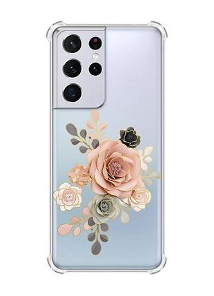 Чехол с утолщёнными углами на samsung galaxy s21 ultra :: розы (принт 275)
