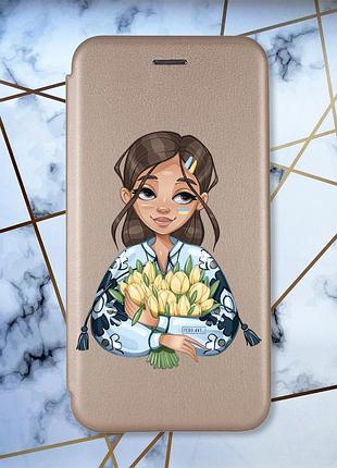 Чохол-книжка з малюнком для samsung galaxy a02/ a022 (2021) золотий :: дівчина з тюльпанами (принт 22)