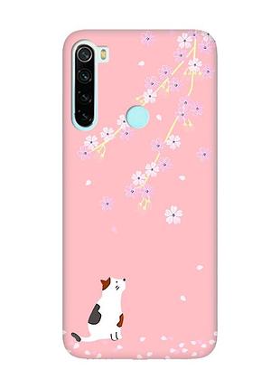 Матовый чехол с розовыми боками на xiaomi redmi note 8 :: котик и сакура (принт 283)