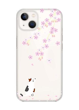 Прозрачный чехол с защитой камеры на iphone 14 plus :: котик и сакура (принт 283)