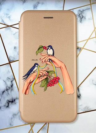 Чехол-книжка с рисунком для xiaomi poco c40 золотой :: ласточки (принт 15)