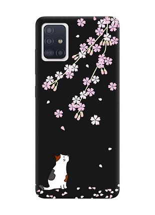 Матовый чехол с черными боками на samsung galaxy a51 :: котик и сакура (принт 283)