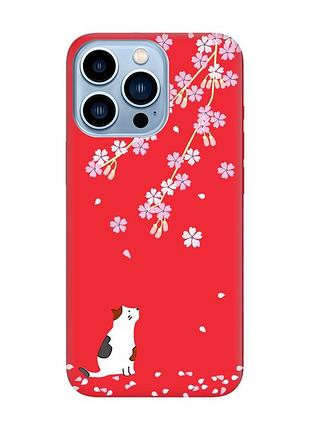 Матовий чохол з червоними боками на apple iphone 13 pro max :: котик і сакура (принт 283)