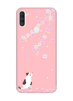 Матовый чехол с розовыми боками на samsung galaxy a11 :: котик и сакура (принт 283)