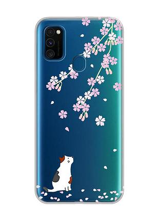Прозрачный чехол на samsung galaxy m30s/м21 :: котик и сакура (принт 283)