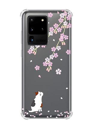 Чехол с утолщёнными углами для samsung galaxy s20 ultra :: котик и сакура (принт 283)