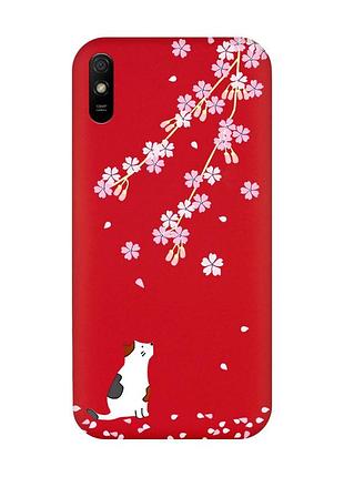 Матовый чехол с красными боками на xiaomi redmi 9a :: котик и сакура (принт 283)