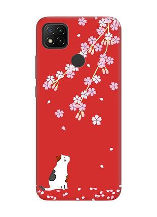 Матовый чехол с красными боками на xiaomi redmi 9c/10a :: котик и сакура (принт 283)