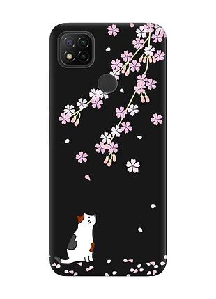 Матовый чехол с черными боками на xiaomi redmi 9c/10a :: котик и сакура (принт 283)