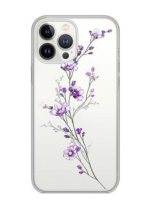 Прозрачный чехол с защитой камеры на iphone 14 pro max :: веточка цветов (принт 278)