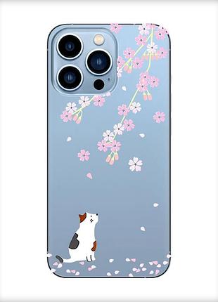 Прозорий чохол на apple iphone 13 pro max :: котик і сакура (принт 283)