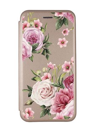 Чехол-книжка с рисунком для xiaomi redmi 9a золотой :: розовые цветы (принт 287)