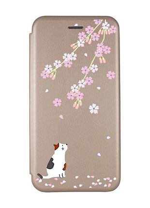 Чехол-книжка с рисунком для xiaomi redmi 9 золотистый :: котик и сакура (принт 283)