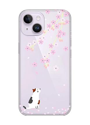 Прозорий чохол із захистом камери на iphone 14 :: котик і сакура (принт 283)