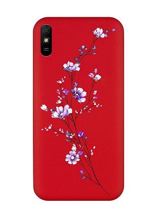 Матовый чехол с красными боками на xiaomi redmi 9a :: веточка цветов (принт 278)