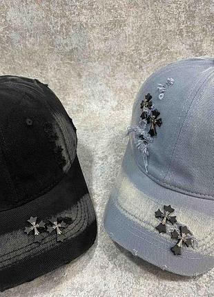 Джинсовая кепка chrome hearts рваная, брендовая бейсболка chrome hearts джинс, кепка хром хартс, рванная кепка