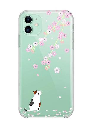 Прозрачный чехол на apple iphone 11 (6,1) :: котик и сакура (принт 283)