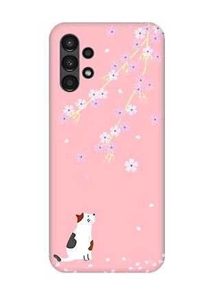Матовый чехол с розовыми боками на samsung a13 4g :: котик и сакура (принт 283)
