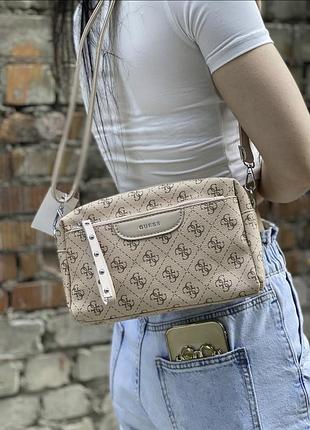 Жіноча сумка guess, сумка гес, сумка через плече, cross body, сумка на ремінці, крос боді бежевий