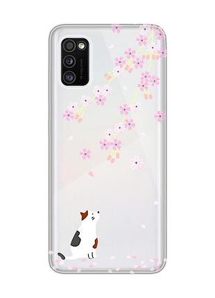 Прозрачный чехол на samsung galaxy a41 :: котик и сакура (принт 283)
