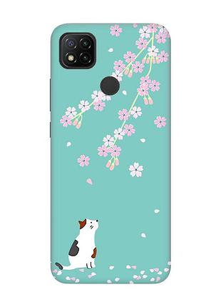 Матовый чехол с бирюзовыми боками на xiaomi redmi 9c/10a :: котик и сакура (принт 283)