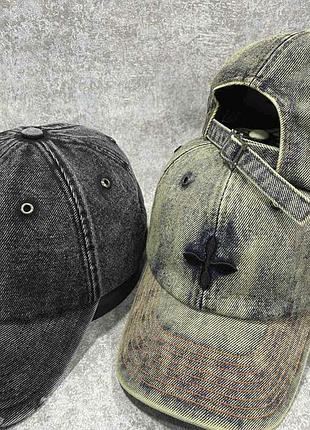 Джинсовая кепка chrome hearts рваная, брендовая бейсболка chrome hearts джинс, кепка хром хартс, рванная кепка
