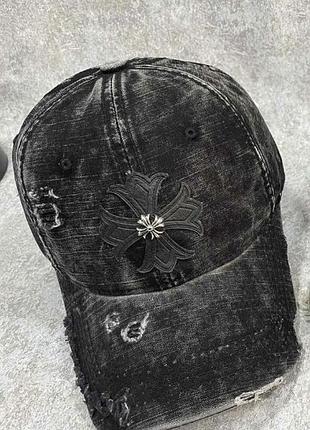 Джинсовая кепка chrome hearts рваная, брендовая бейсболка chrome hearts джинс, кепка хром хартс, рванная кепка