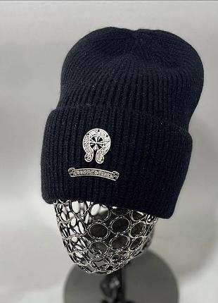 Кашемировая шапка chrome hearts в расцветках, шапка хром хартс лопата, шапка зимняя, шапка лопата черный