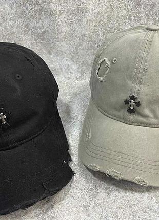 Джинсовая кепка chrome hearts рваная, брендовая бейсболка chrome hearts джинс, кепка хром хартс, рванная кепка