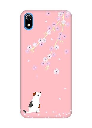 Матовый чехол с розовыми боками на xiaomi redmi 7a :: котик и сакура (принт 283)