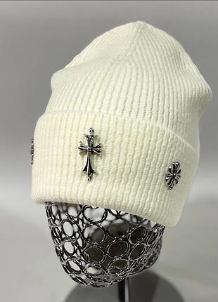 Кашемировая шапка chrome hearts в расцветках, шапка хром хартс лопата, шапка зимняя, шапка лопата молочный