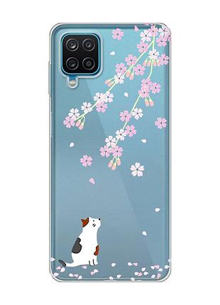 Прозрачный чехол на samsung a12 4g :: котик и сакура (принт 283)
