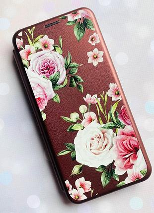 Чехол-книжка с рисунком на xiaomi redmi note 7/ redmi note 7 pro бордовый розовые цветы (принт 287) 2