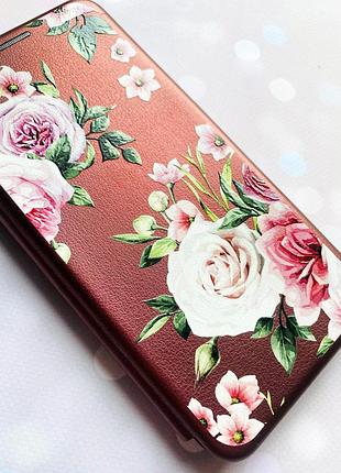 Чехол-книжка с рисунком на xiaomi redmi note 7/ redmi note 7 pro бордовый розовые цветы (принт 287) 3