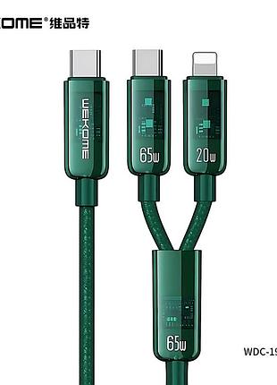 Зарядний кабель wekome wdc-194 2в1 - usb-c на iphone+type-c, pd20w+65w, 1.2м (green)