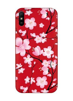 Матовий чохол з червоними боками на xiaomi redmi 9a :: квітуча сакура (принт 282)